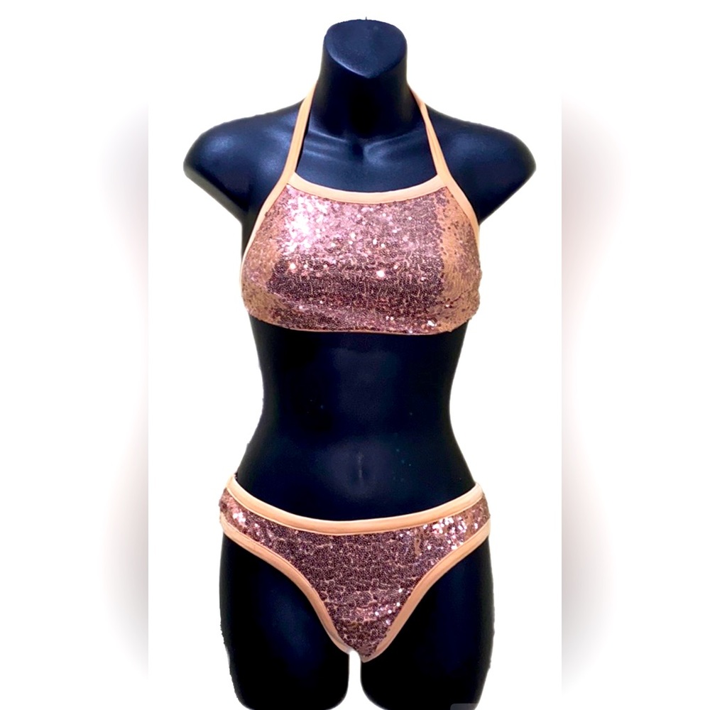 GOLD SEQUIN POLYURETHANE BIKINI SET HALTER TOP SZ XL PEACH TRIM